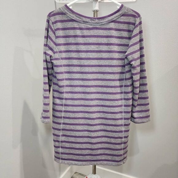 Liz Claiborne Weekend Gray blue Striped Knit Stretch V-Neck Top Women's Size MT - Picture 2 of 4